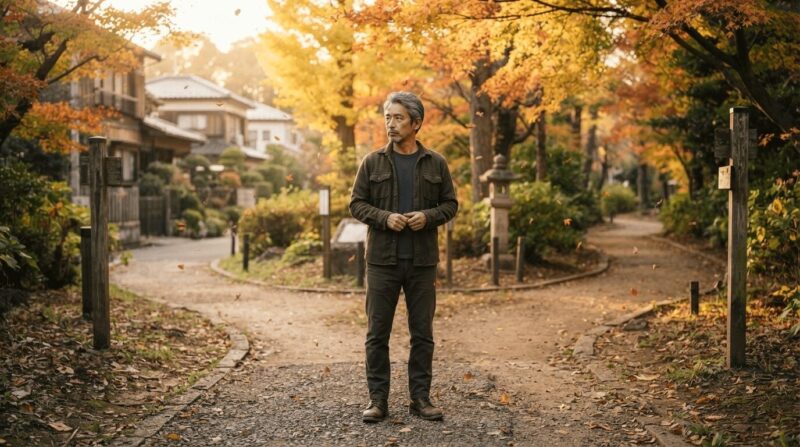 静かな住宅街の分かれ道で思索する40代男性、紅葉が舞い散る情景