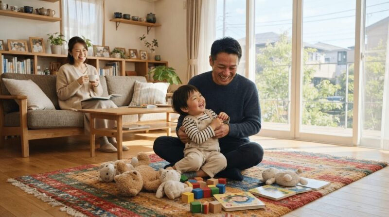 明るいリビングで子どもと笑い合う父親と、微笑む母親の温かい家族風景