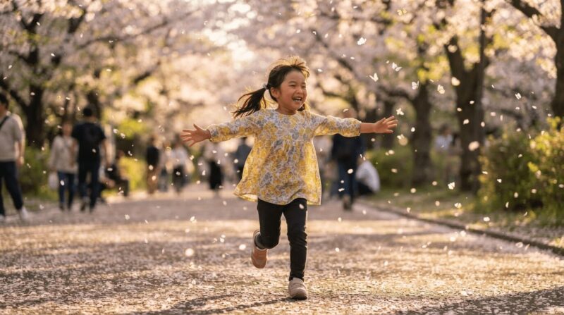 春の公園で butterflies を追いかけながら元気よく走る幼い子どもの姿