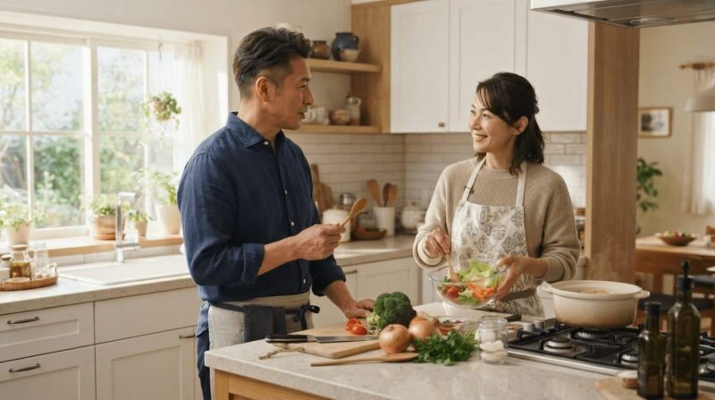 明るいキッチンで穏やかに語り合う40代夫婦、窓から注ぐ陽光