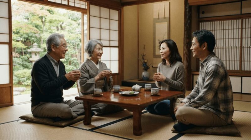 和室の座敷で笑顔の60〜70代の義両親と、夫婦4人のあたたかい集まり
