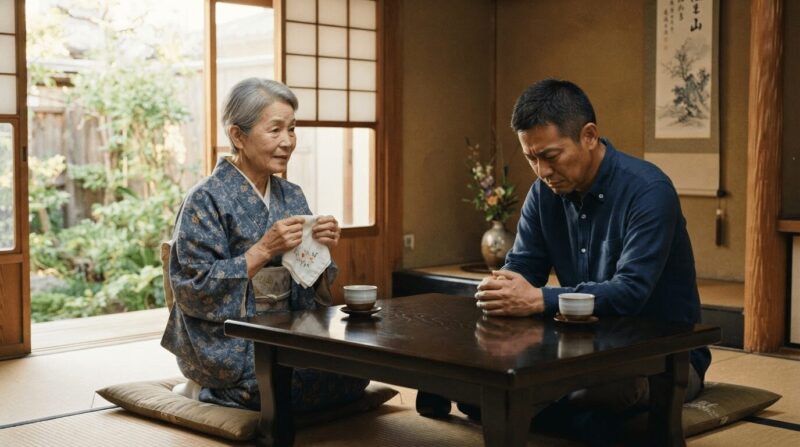 和室でハンカチを手にした優しい表情の70代前半の母親と、頭を下げる40代の息子