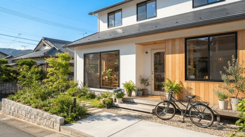 新しい生活の始まりを感じさせる明るい住宅と小さな庭のある一軒家
