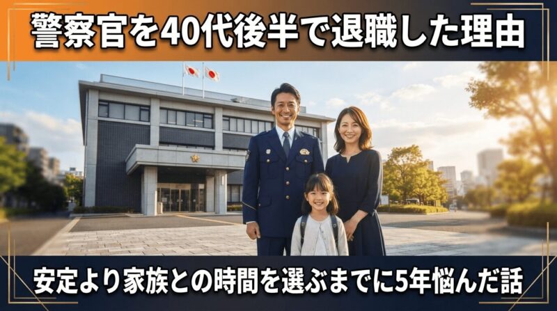 近代的な日本の警察署建築、ダークブルーの制服で両手を自然に下げた状態、笑顔の女性（妻）と娘が横に立つ