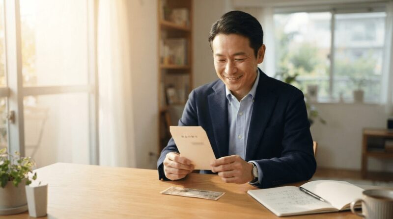 預金通知を持つ40代男性と日本円。「金額を受け取った瞬間」の象徴