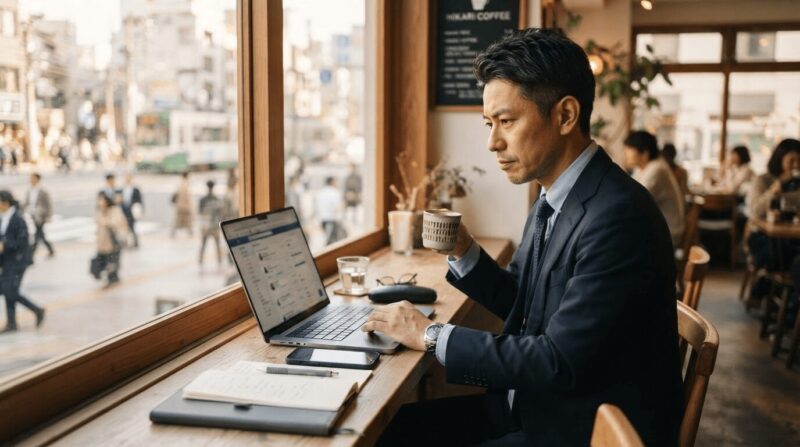 カフェでノートPCを開く40代。「在職中の転職活動」の象徴