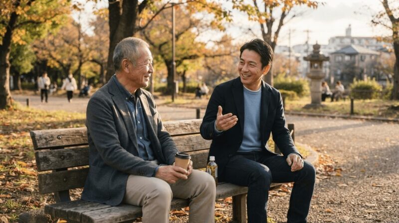 公園のベンチで語り合う2人の元警察官。「経験者の比較」の象徴