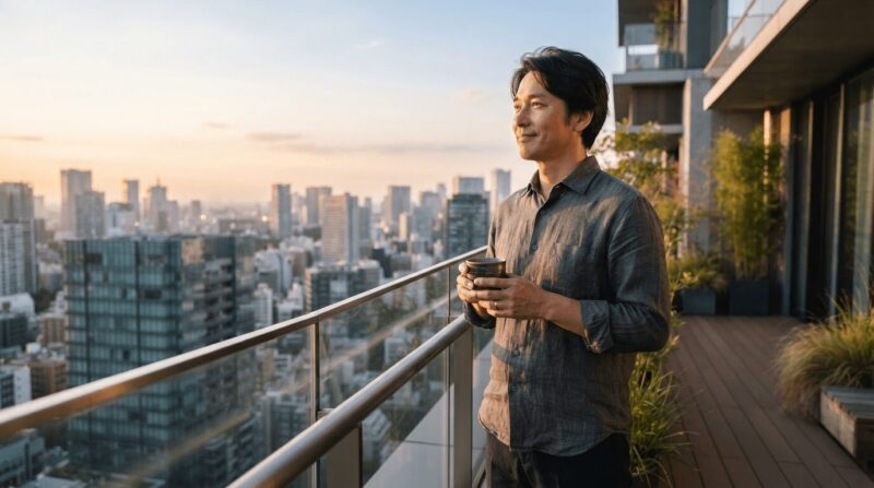 バルコニーで水平線を望む40代。「静かな受容」の象徴
