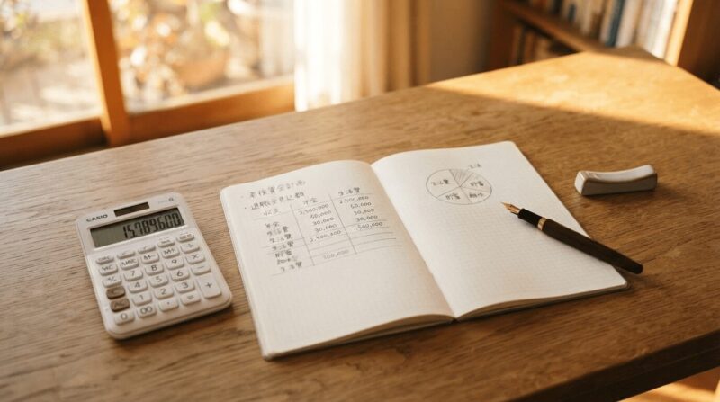 電卓と円グラフ入りのノート。「なぜその金額か分析」の象徴