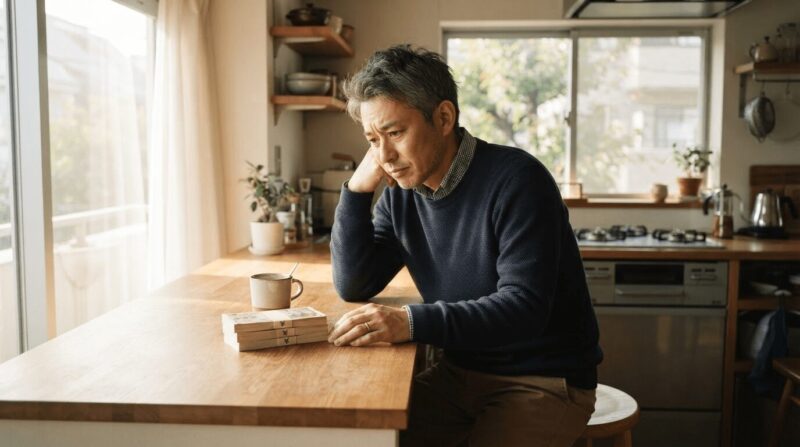 現金を見つめて考え込む40代男性。「現実を見つめる瞬間」の象徴