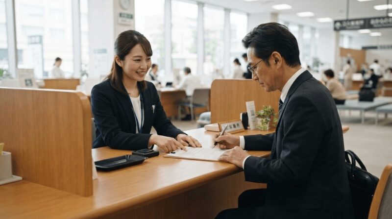 市役所カウンターで相談する40代。「公的サポートを受ける」の象徴