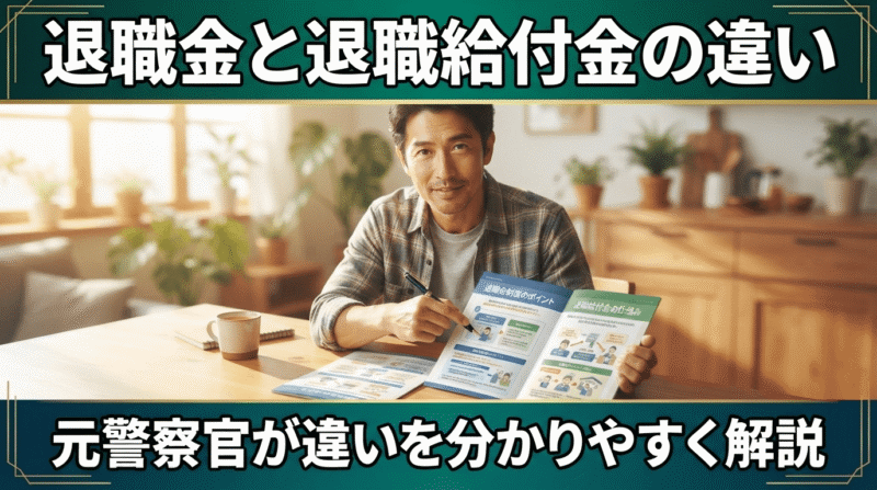 退職金と退職給付金の違いについて資料を差し示しつつ説明する中年男性