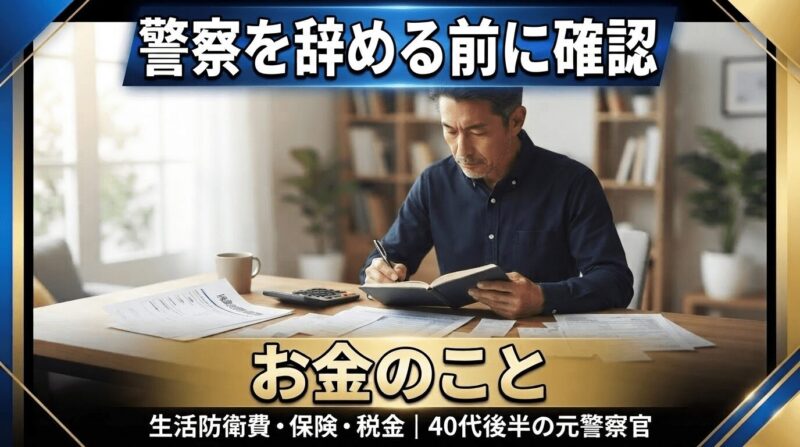 保険証券・税書類に囲まれた机で家計簿をつける40代男性
