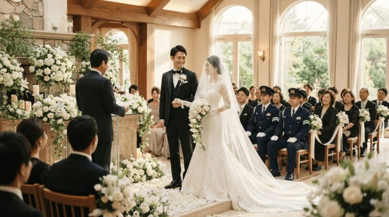 白のウェディングドレスの花嫁と黒タキシードの花婿が祭壇に立つ優雅なセレモニー会場