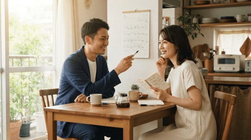 キッチンでカレンダーを覗き込みながら日程を話し合う30代カップル