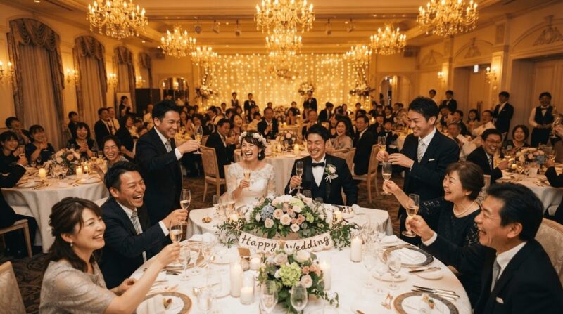 シャンデリアの下で談笑するゲスト、グラスを掲げる乾杯シーン、花嫁花婿が中央テーブルで微笑む披露宴の賑わい