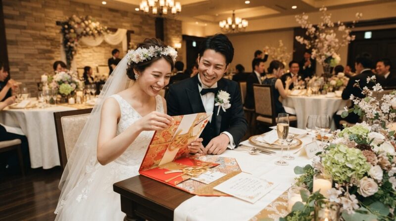 紅白の熨斗袋（のし袋）と美しい祝電カードを開く新郎新婦