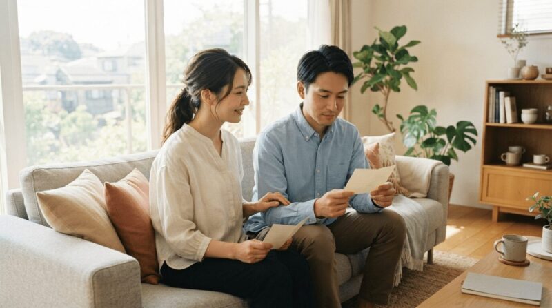 ソファで書類を読む婚約者と優しく見つめる婚約者、ふたりで落ち着いて何かを確認する場面