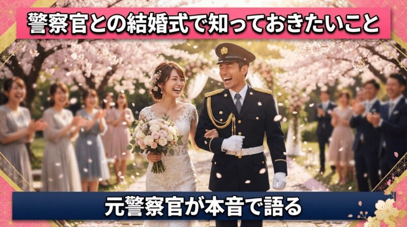 礼服姿の新郎とウエディングドレス姿の新婦が桜の舞う中を笑顔で歩く様子