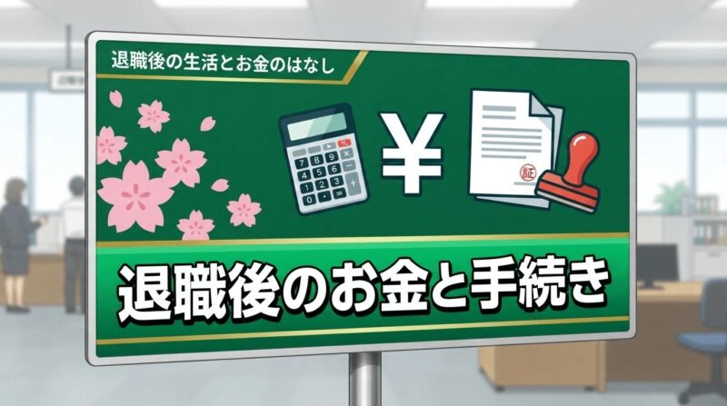 「退職後のお金・手続き」カテゴリー画像、標識風