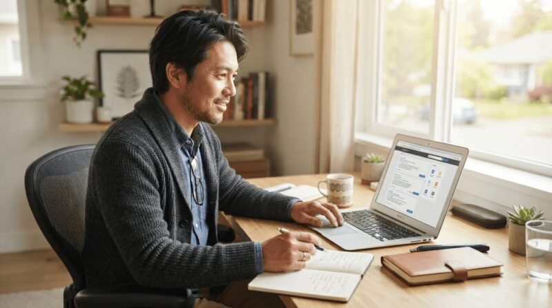 明るいホームオフィスで求人サイトを見る決意の表情の40代男性