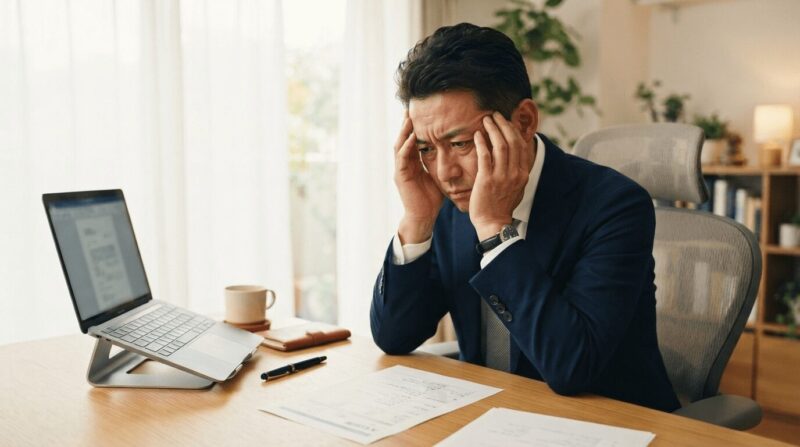 履歴書を抱えて頭に手を当てるスーツ姿