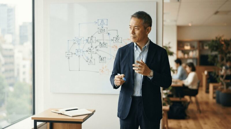 ホワイトボードに候補フローチャートを描く姿