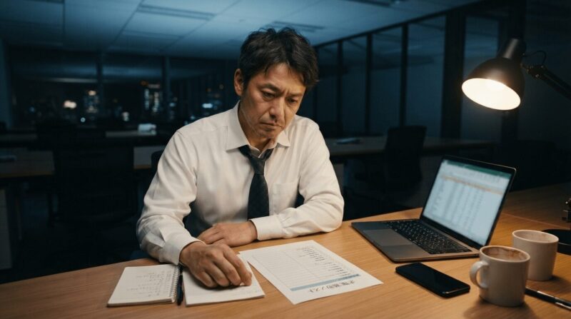 夜遅いオフィスで疲労した表情の中年男性