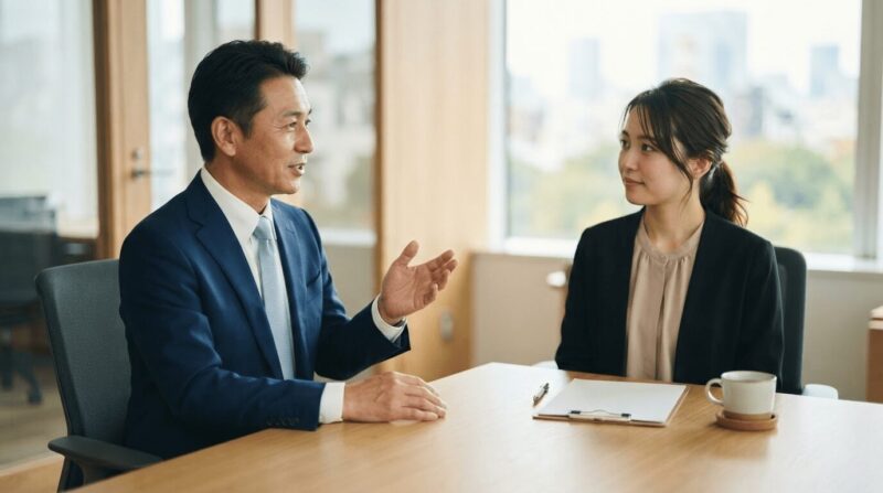 面接官と向き合い誠実に語る男性の姿