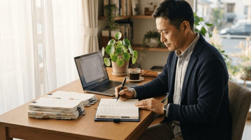 デスクで計画ノートにコツコツ記入する男性