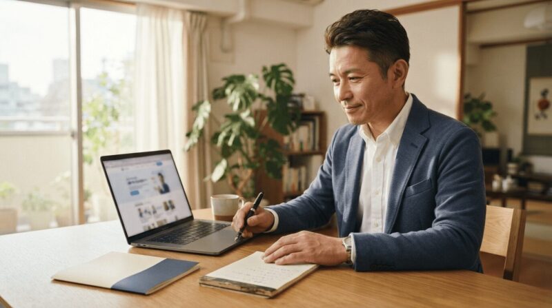 ネット情報と口コミの情報を比較する中年男性の姿