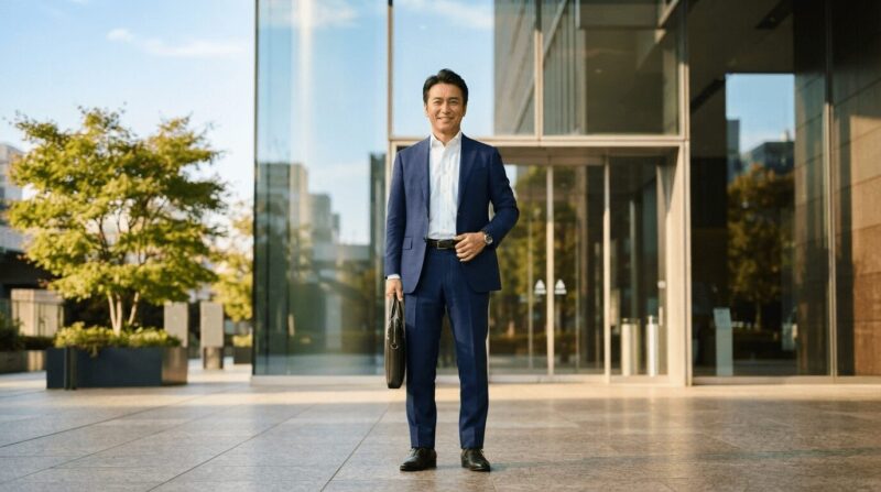 オフィスビル前に立つ希望の表情の男性