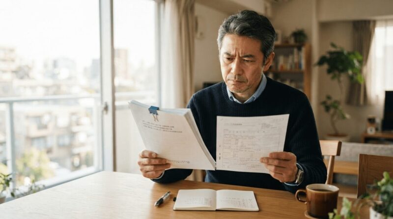 二つの書類(公的履歴と民間用)を比較する中年男性の姿