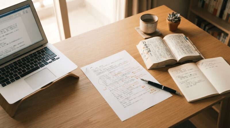 デスク上の書類・辞書・ノートパソコン俯瞰