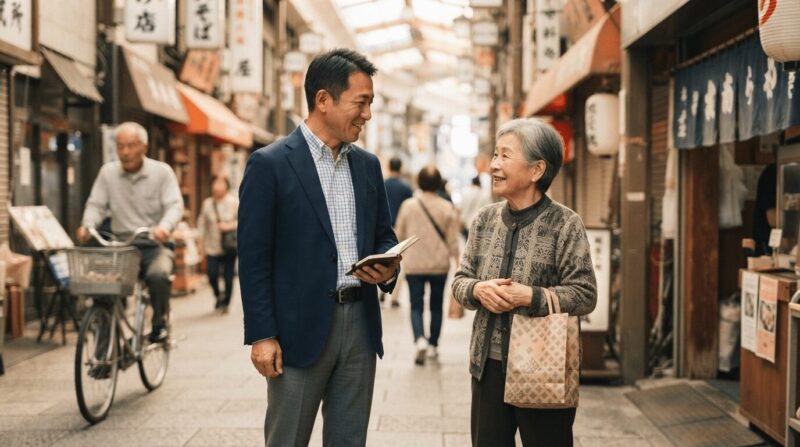 商店街の住民と話すスーツ姿の男性