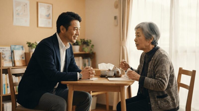 面談室で相談者の訴えに耳を傾ける姿