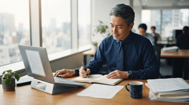 デスクで報告書を手書きする集中している男性
