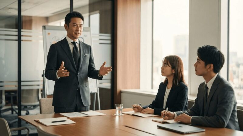 静かにリーダーシップを発揮する会議シーン