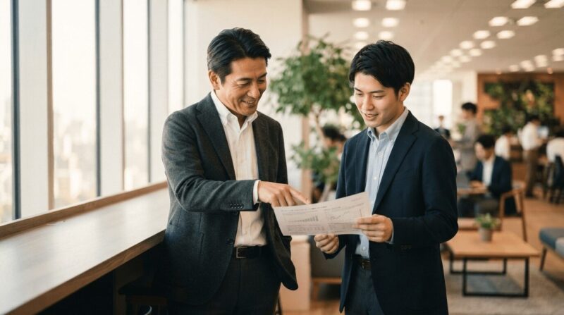 若手に寄り添って説明する先輩の姿