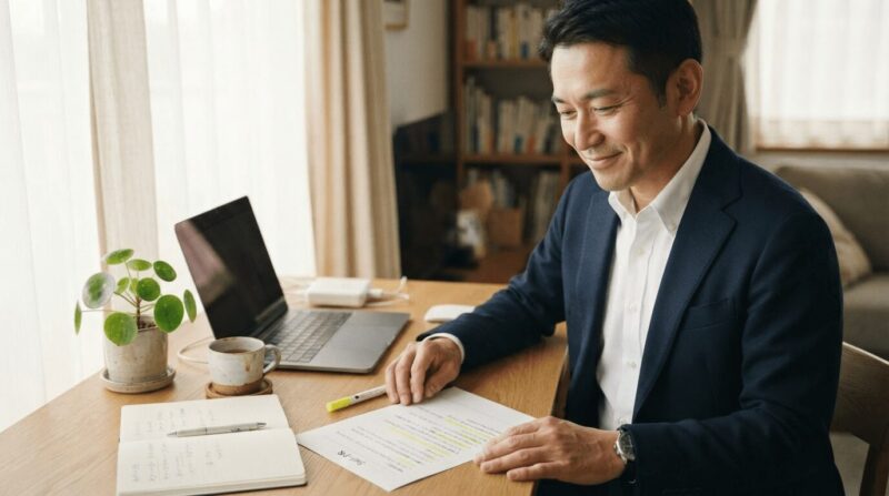 自己PRの worksheet を整理する穏やかな笑顔の男性