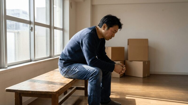 引越しの段ボール前で振り返る姿