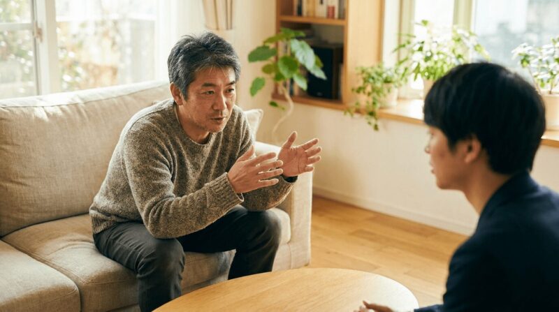 リラックスした雰囲気の中ソファで若い男性に語りかける中年男性
