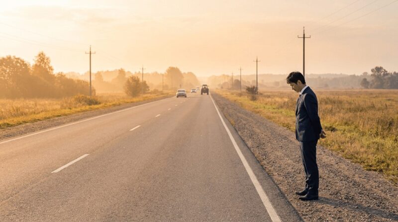 真っ直ぐ伸びる朝焼けの道路を見つめる中年男性の背中