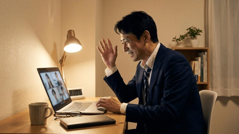夜間、自宅のPCでWEB面談を受ける40代のサラリーマン