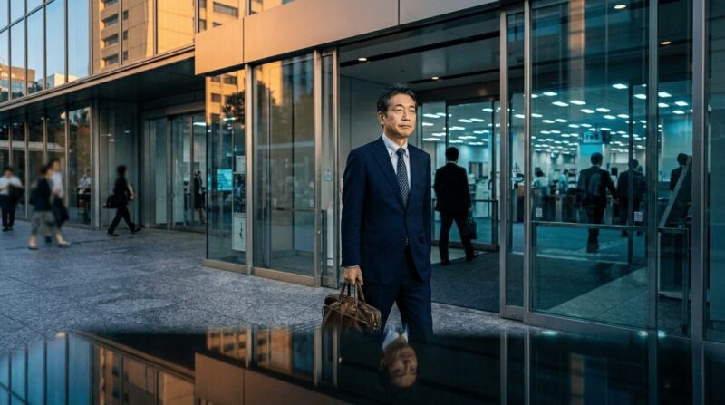 退社後に転職先の面接へ向かう40代後半のスーツ姿の男性