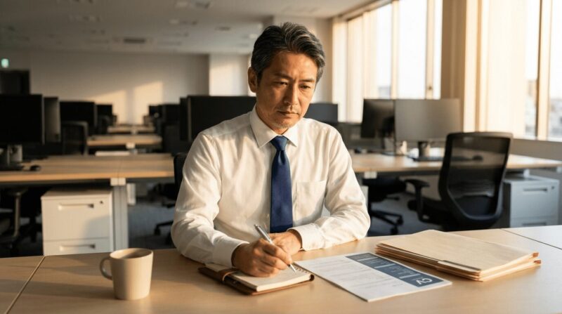 残業後にデスクで履歴書を書く