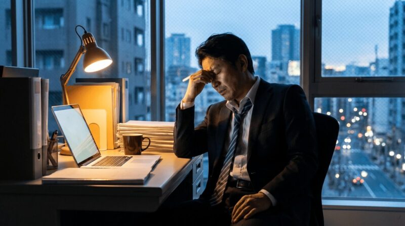 疲れ切った顔で深い溜め息をつく残業中のサラリーマン
