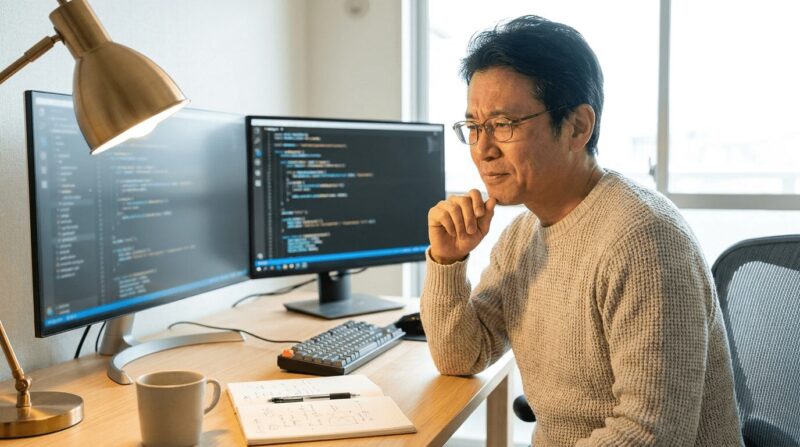 デュアルモニターでコード学習をする中年男性