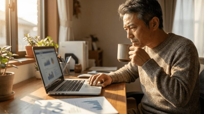 発注プラットフォームの画面とにらめっこする年配の男性