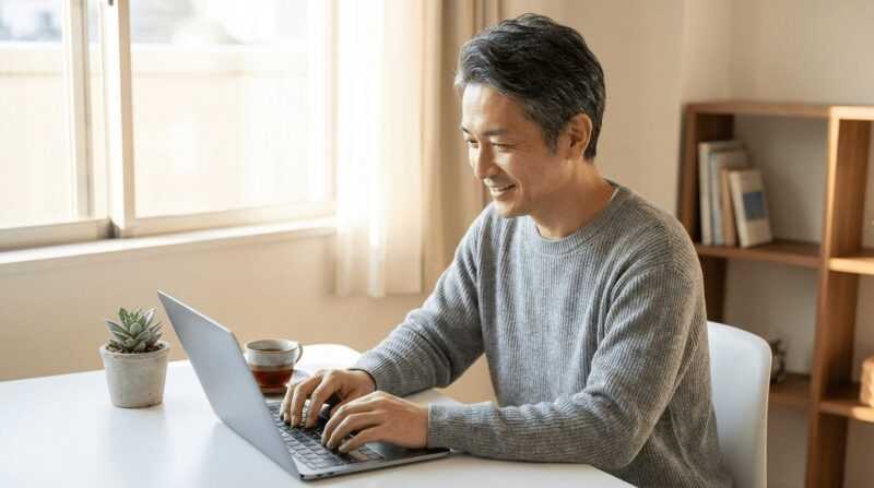 植物のある明るいデスクで微笑むリラックスした40代男性